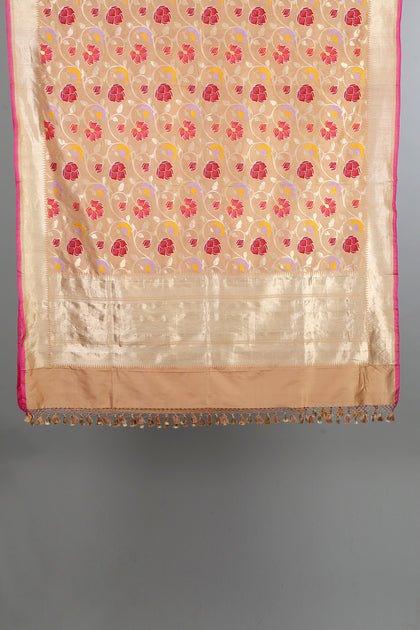 Handwoven Cream Pink Dupatta - AJA CREATION 