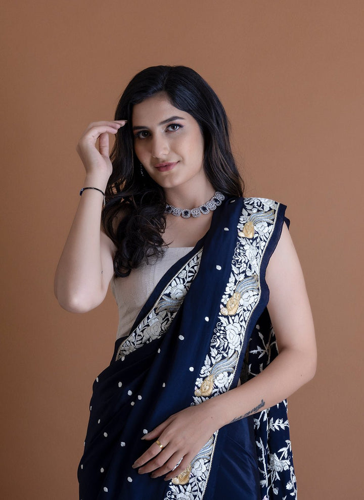 Handwoven Navy Blue Saree - AJA CREATION 281