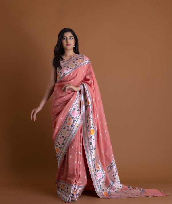 Handwoven Peach Saree - AJA CREATION 245S