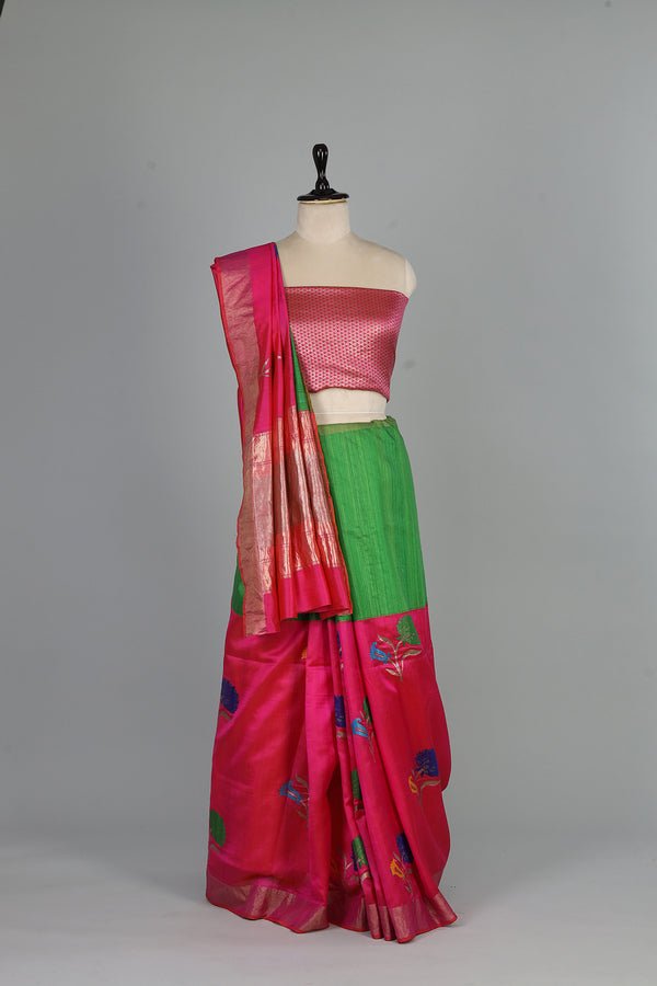 Handwoven Pink & Green Saree - AJA CREATION 30SR