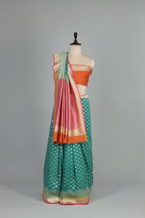 Handwoven Rama & Pink Saree - AJA CREATION 88