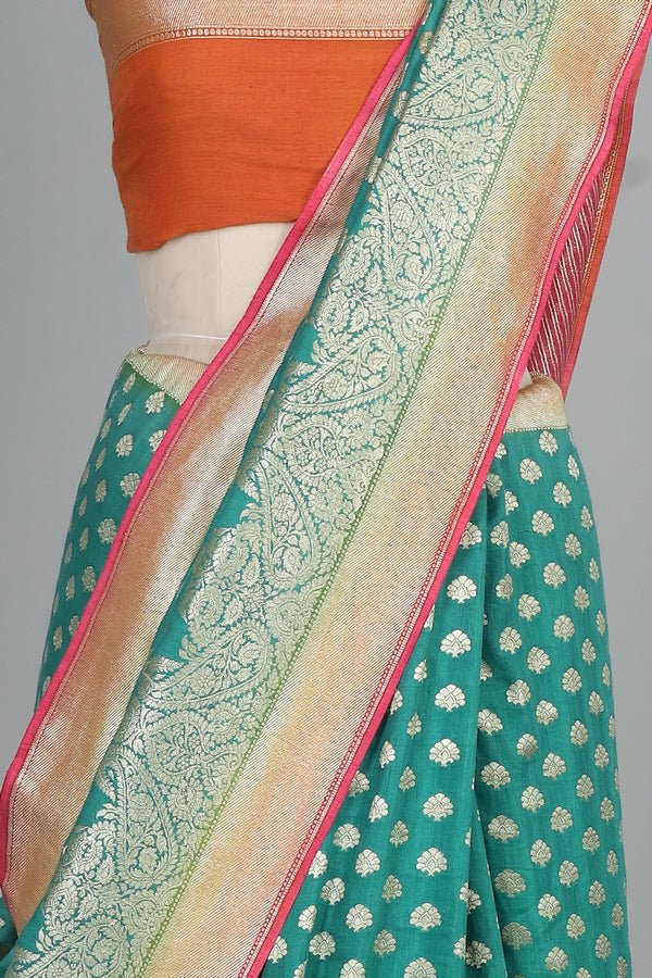 Handwoven Rama & Pink Saree - AJA CREATION 88