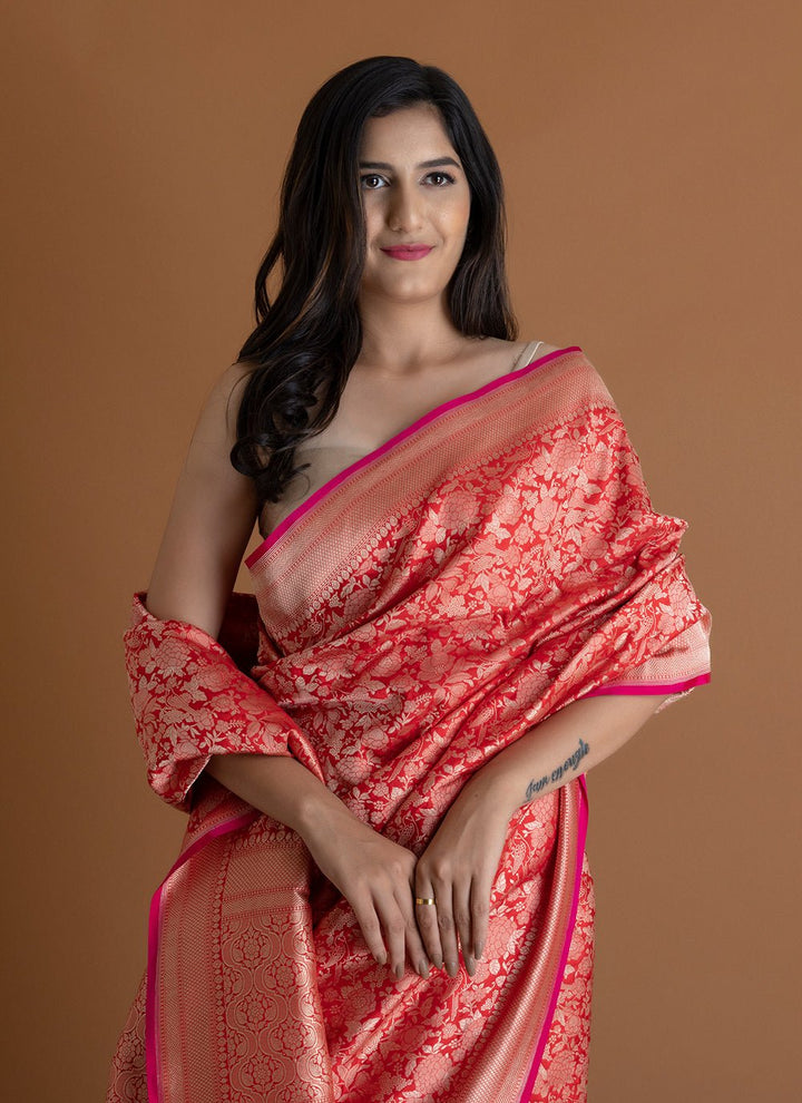 Handwoven Red Saree - AJA CREATION 252