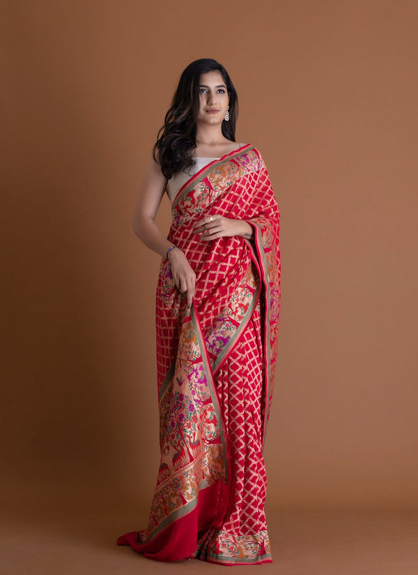 Handwoven Red Saree - AJA CREATION 306