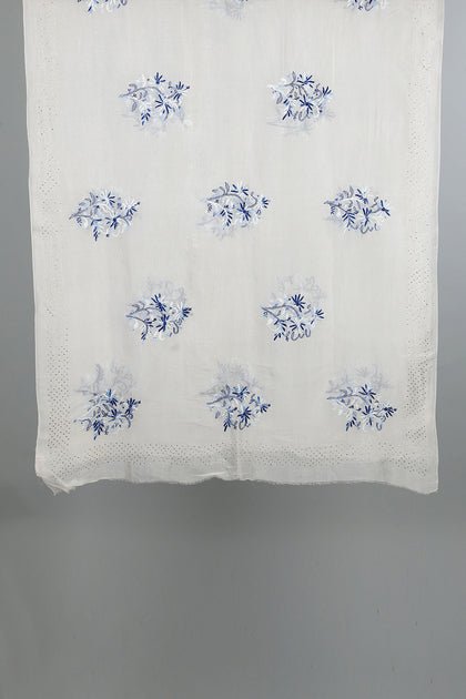 Handwoven White Blue Dupatta - AJA CREATION 